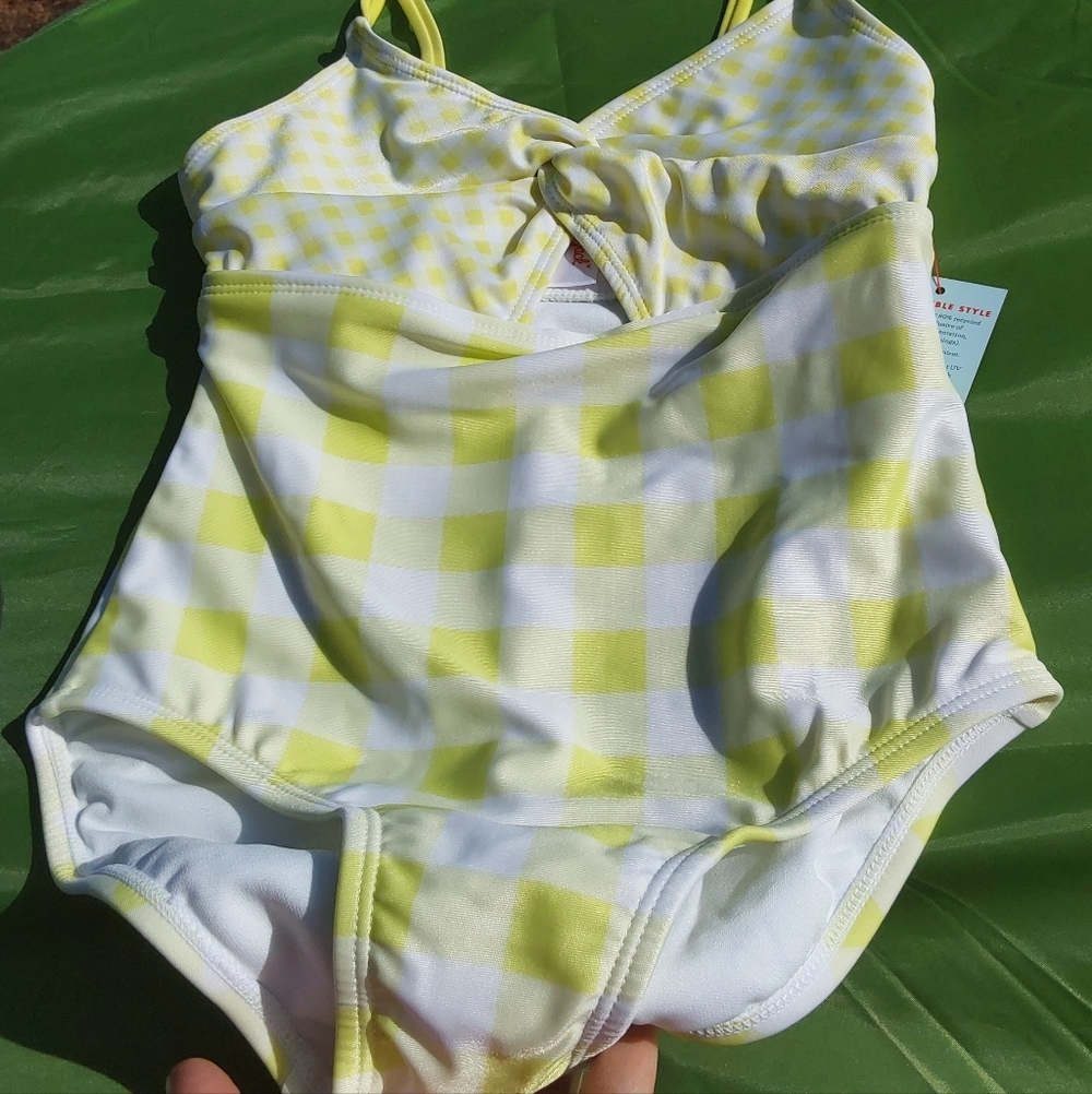 Cat & Jack Yellow And White  Knot-Front One-Piece Swimsuit Girls 8 Medium